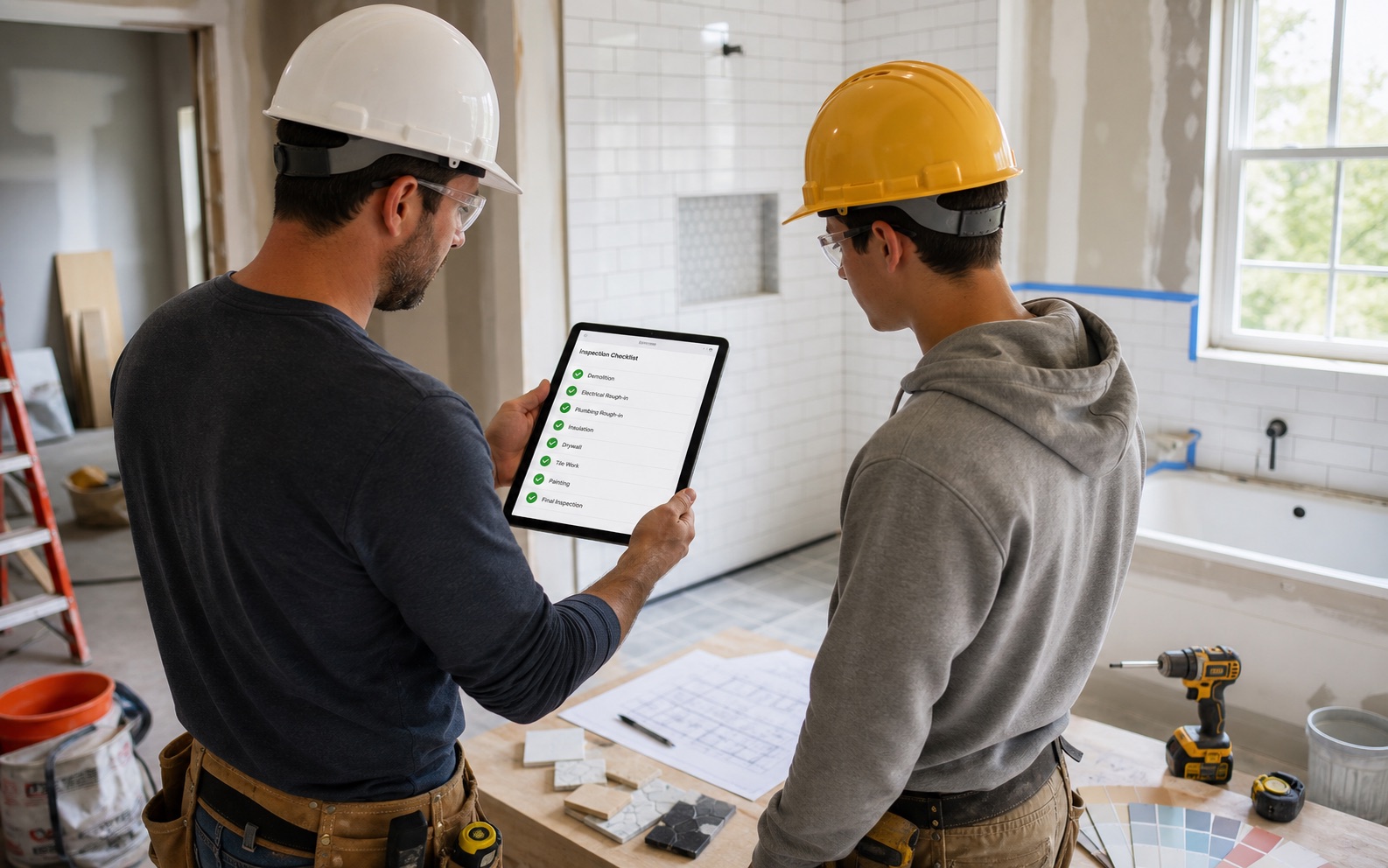 Contractors reviewing a digital construction checklist on a tablet during a bathroom remodel