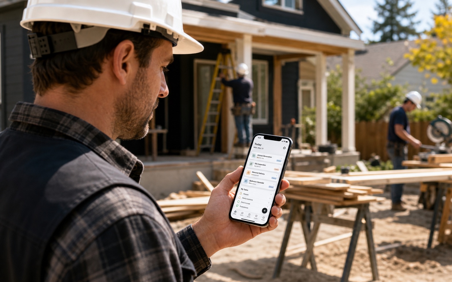 Contractor using a job management app on a smartphone at an active residential jobsite