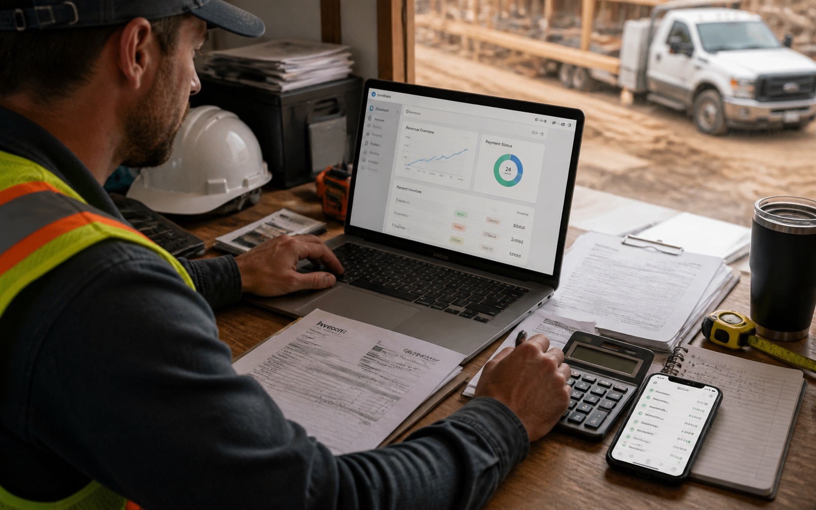 Contractor reviewing invoice and payment tracking software on a laptop at a jobsite desk