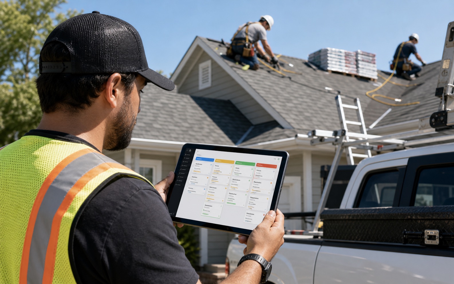 Roofing contractor using a tablet pipeline board while crew members work on a residential roof