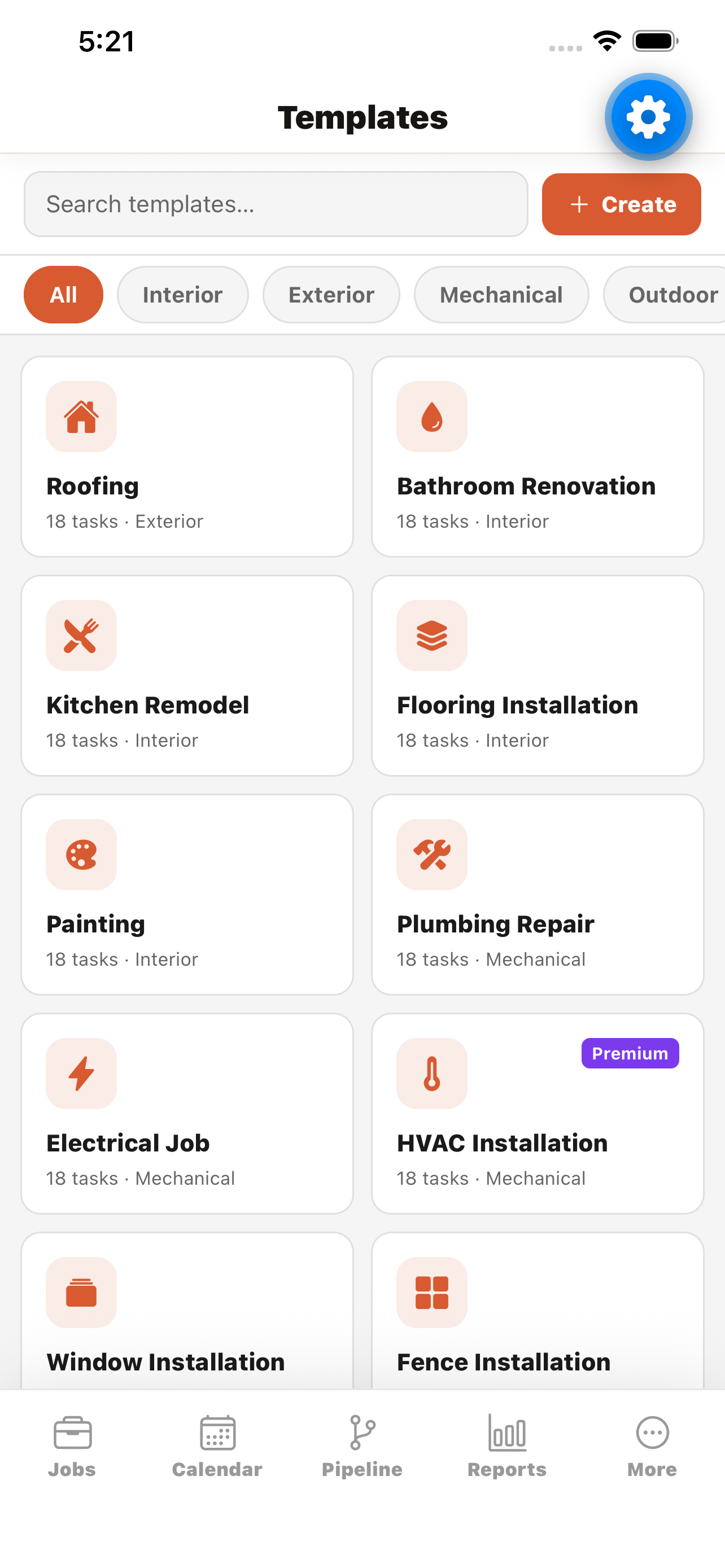 Siteflow Pro templates screen for roofing, remodeling, plumbing, HVAC, and field service jobs