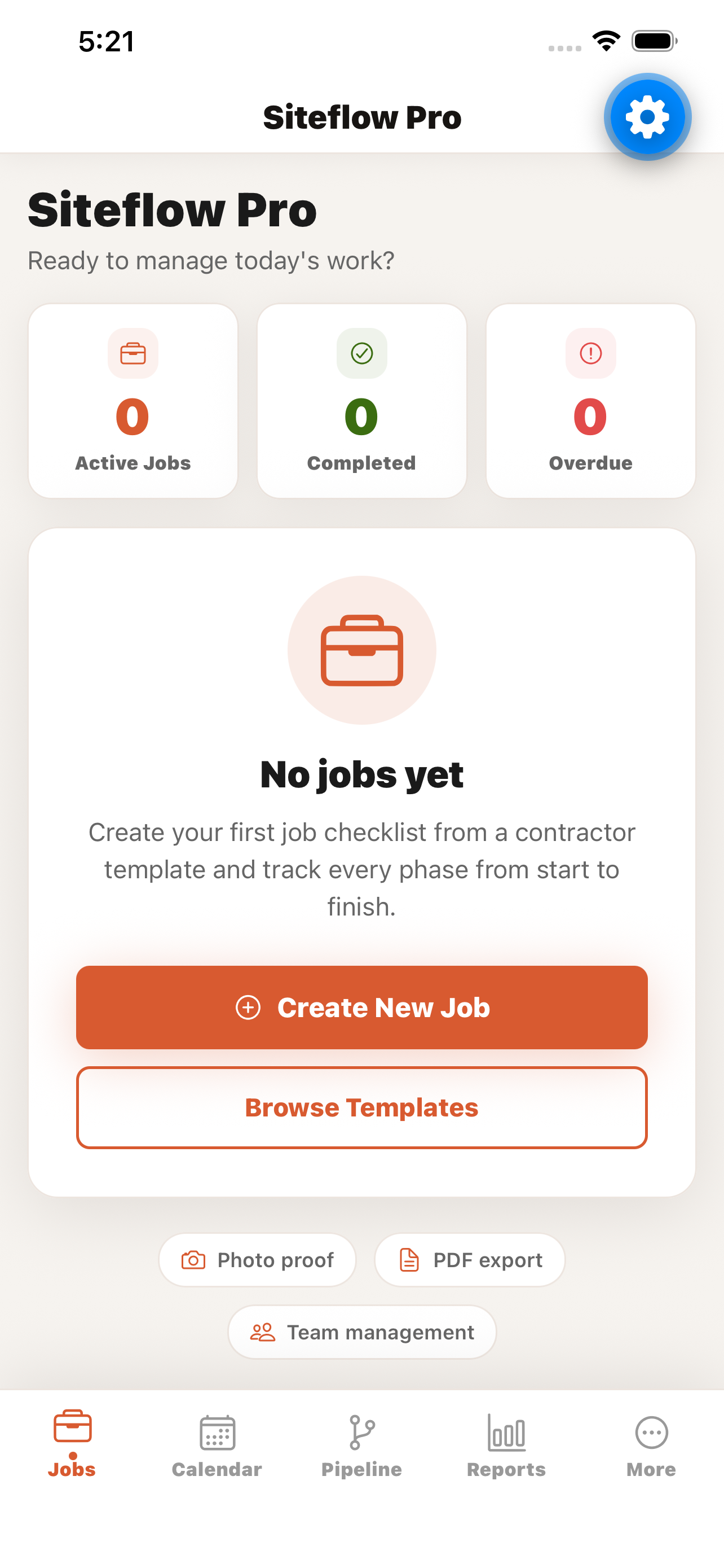 Siteflow Pro mobile workspace showing contractor jobs, payments, clients, and worker tasks